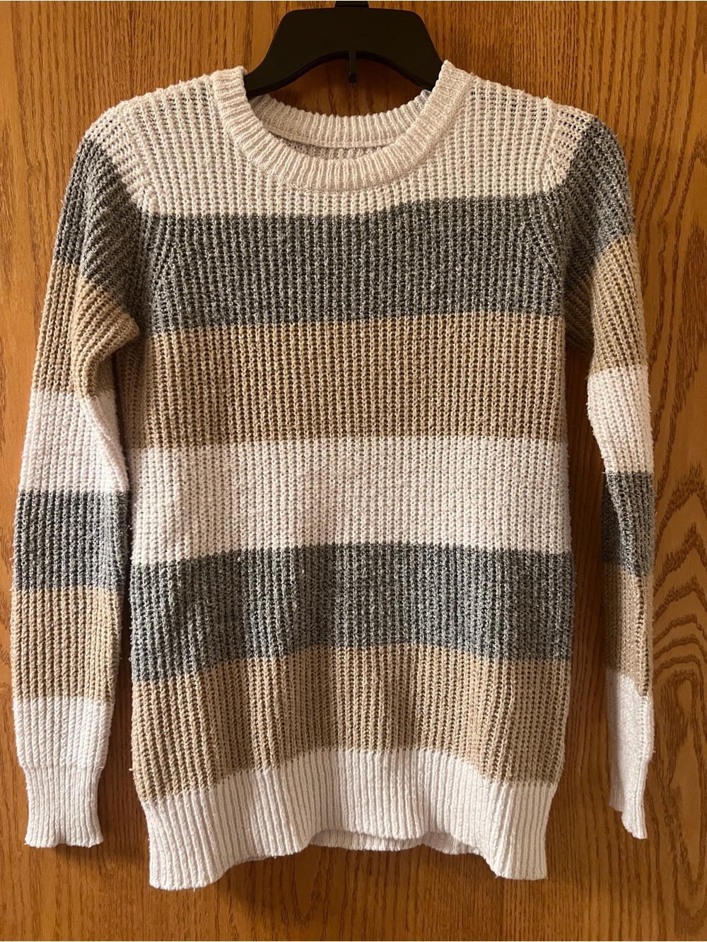 Striped Crewneck Sweater in White, Gray & Tan - XS